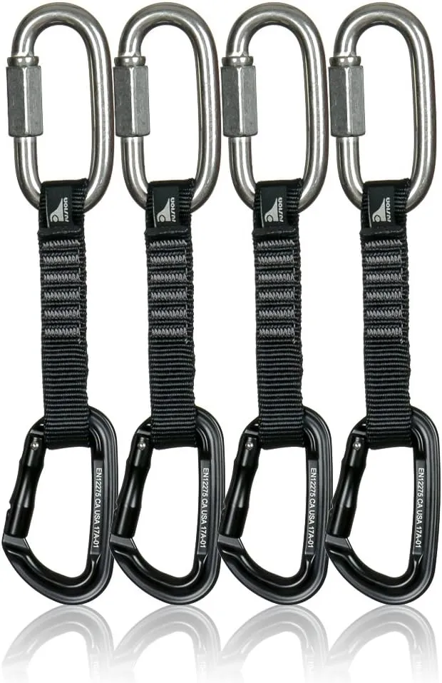 Fusion Climb 4-Pack 12cm Tactical Military Rescue Quickdraw Set with 3/8" 1600lbs WLL Stainless Steel Oval Quick Link/Contigua Straight Gate Black Carabiners
