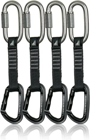 Fusion Climb 4-Pack 12cm Tactical Military Rescue Quickdraw Set with 3/8" 1600lbs WLL Stainless Steel Oval Quick Link/Contigua Straight Gate Black Carabiners