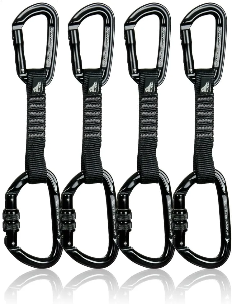 Fusion Climb 4-Pack 12cm Tactical Military Rescue Quickdraw Set with Contigua Straight Gate Black/Vapor Screw Gate Black Carabiners