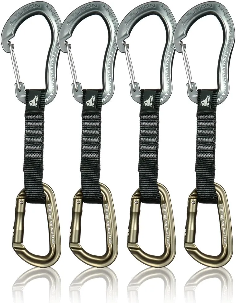 Fusion Climb 4-Pack 12cm Tactical Military Rescue Quickdraw Set with Techno Zoom Wire Gate Gray/Contigua Straight Gate Brown Carabiners