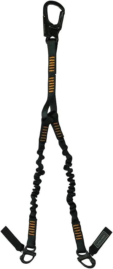Fusion Tactical 2ft 24"x1" Y-Legged Internal Elastic Bungee Military Police Personal Retention Helo Lanyard with Auto Locking Carabiner Flat Loop 23kN Black LYH-32-8001-2999-BK24