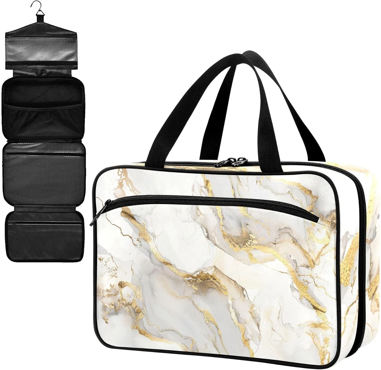 Fustylead Abstract White Marble with Golden Veins Large Medical Supplies Organizer Bag with Zipper Empty First Aid Bag Trauma Kit for Traveling Hiking Camping