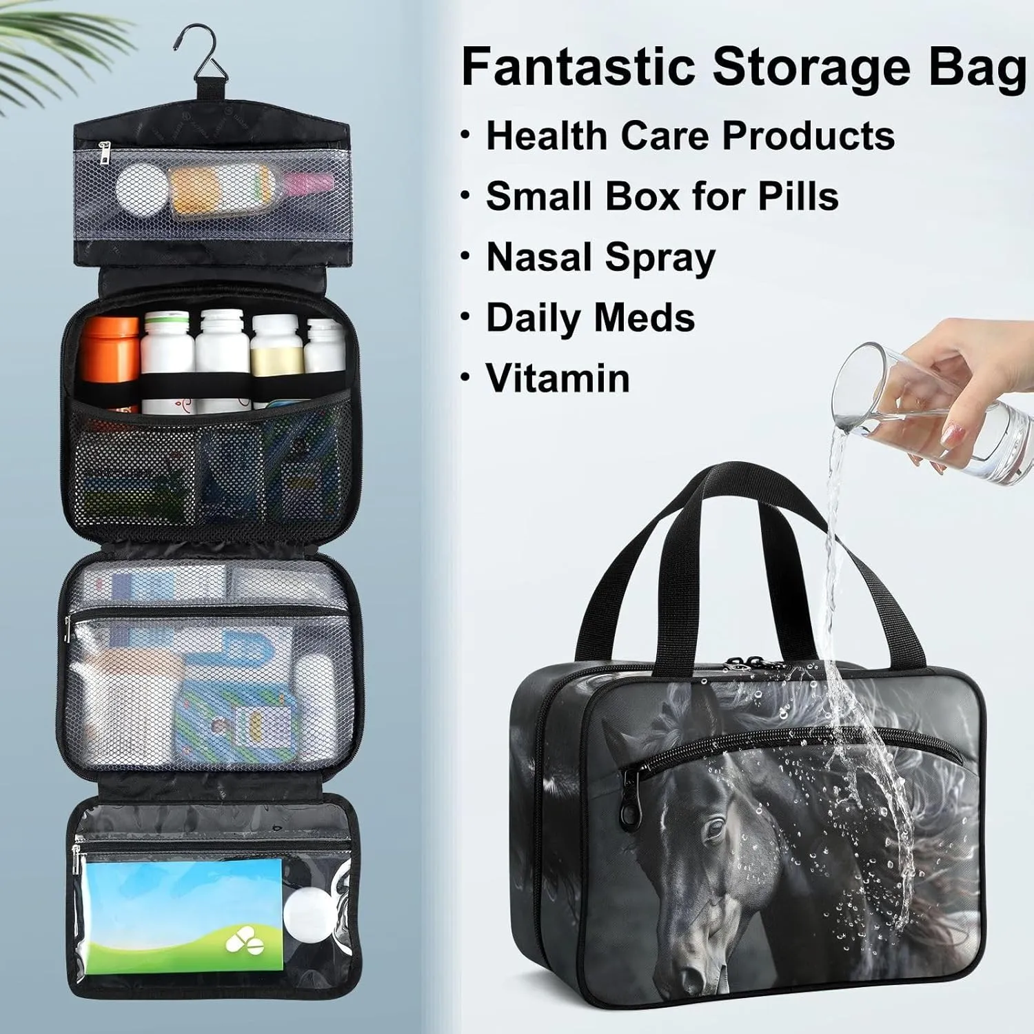 Fustylead Beautiful Black Horse with Long Mane Large Medical Supplies Organizer Bag with Zipper Empty First Aid Bag Trauma Kit for Traveling Hiking Camping