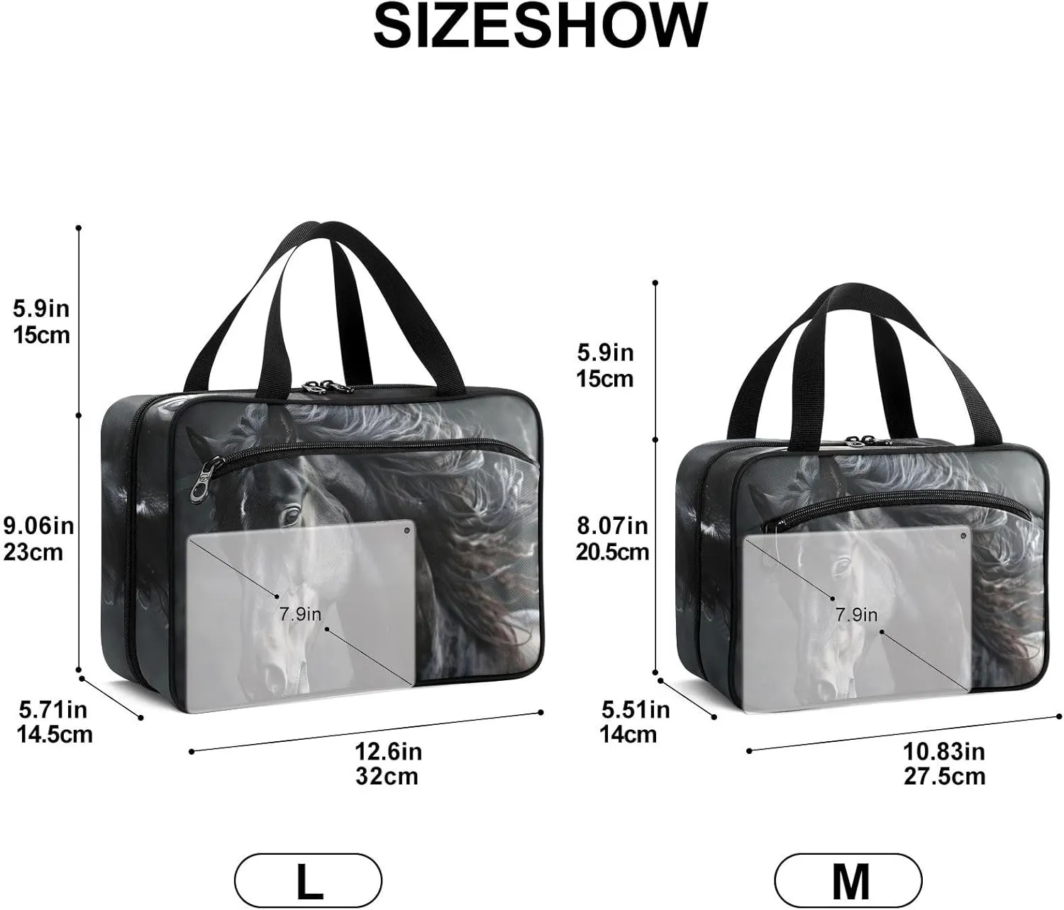 Fustylead Beautiful Black Horse with Long Mane Large Medical Supplies Organizer Bag with Zipper Empty First Aid Bag Trauma Kit for Traveling Hiking Camping