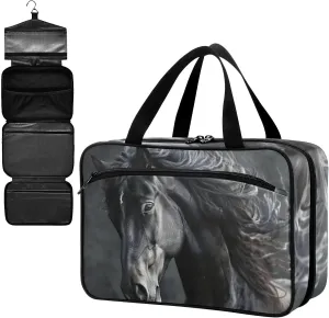 Fustylead Beautiful Black Horse with Long Mane Large Medical Supplies Organizer Bag with Zipper Empty First Aid Bag Trauma Kit for Traveling Hiking Camping