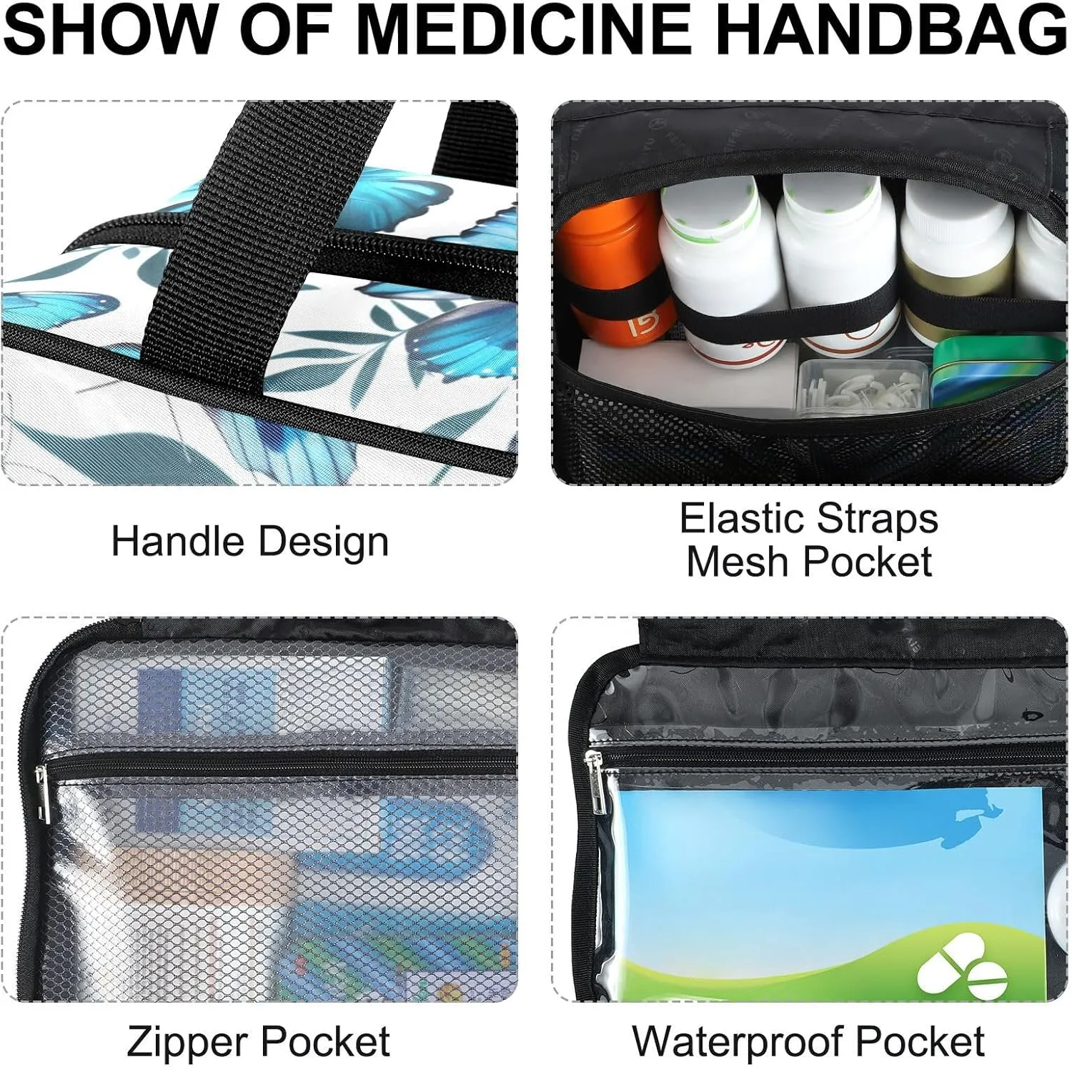 Fustylead Beautiful Blue Morpho Butterfly and Twigs Large Medical Supplies Organizer Bag with Zipper Empty First Aid Bag Trauma Kit for Traveling Hiking Camping