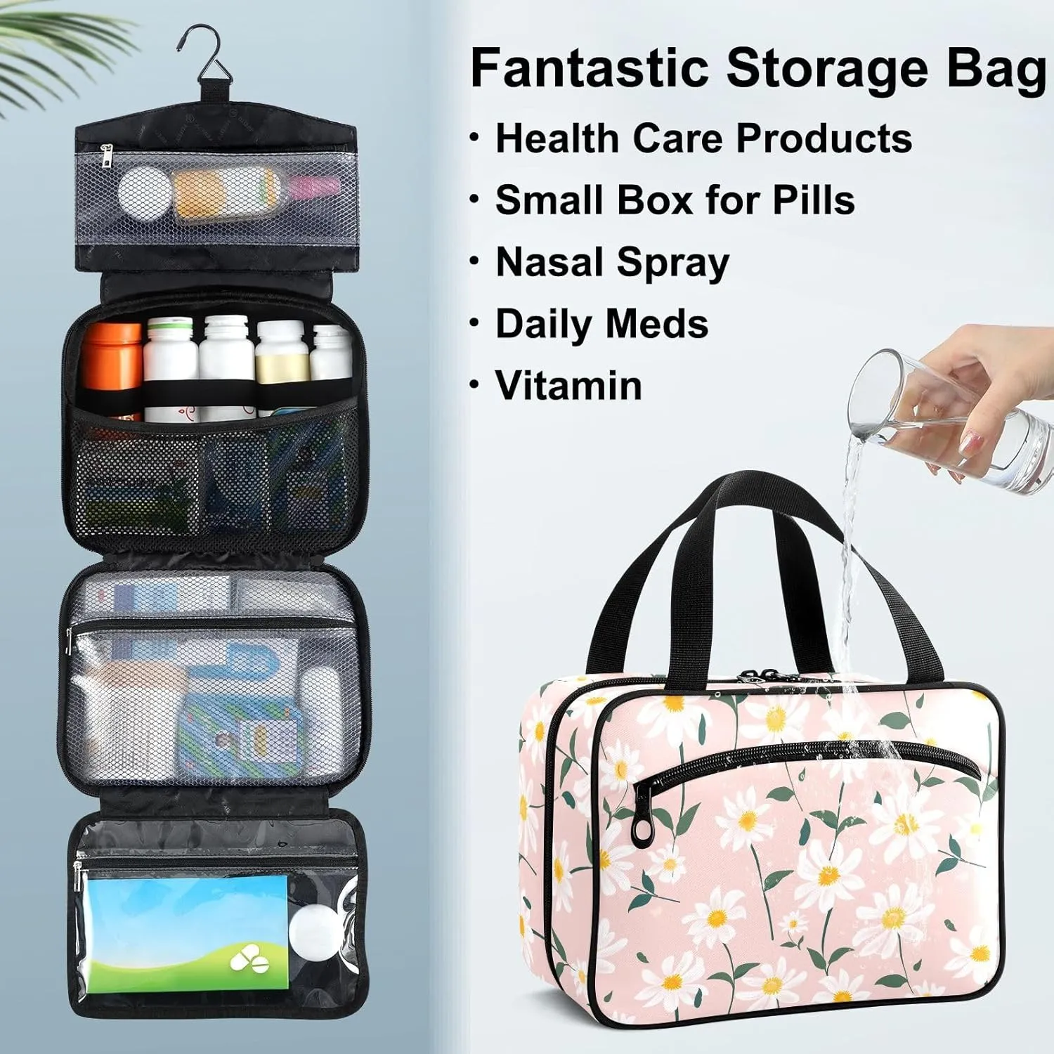 Fustylead Beautiful Daisy on Light Pink Background Large Medical Supplies Organizer Bag with Zipper Empty First Aid Bag Trauma Kit for Traveling Hiking Camping