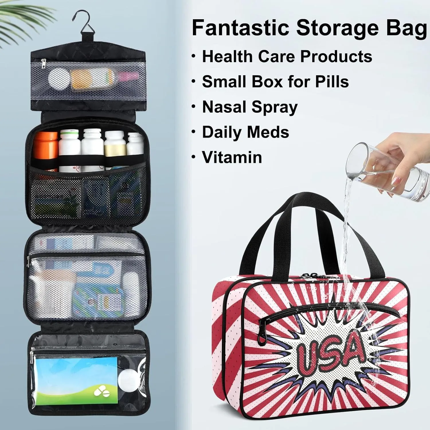 Fustylead Declaration of USA Pop Art Comic Speech Bubble Large Medicine Bag Travel Pill Bottle Organizer with Zipper, Empty First Aid Bag for Camping Hiking Outdoors