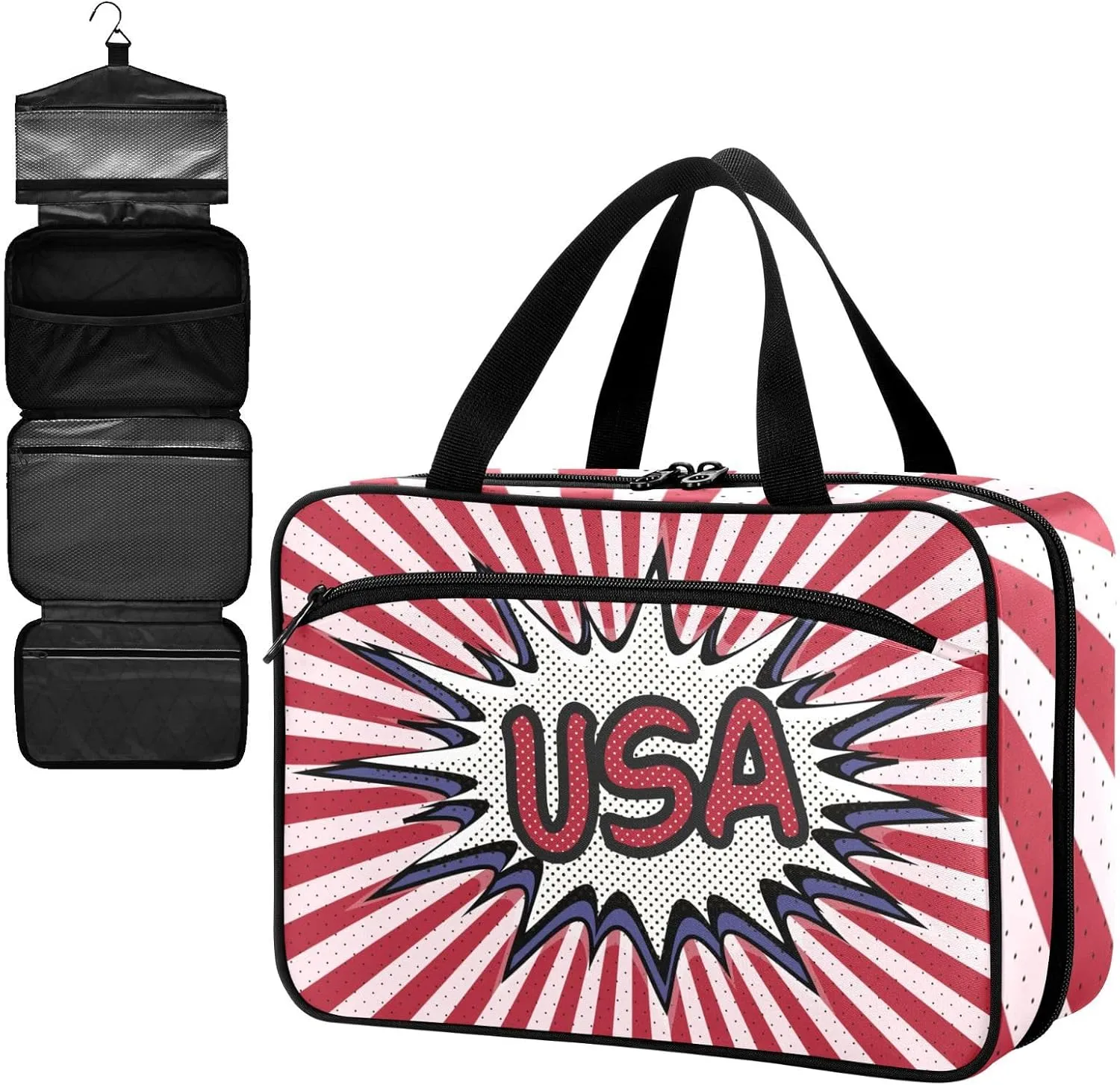 Fustylead Declaration of USA Pop Art Comic Speech Bubble Large Medicine Bag Travel Pill Bottle Organizer with Zipper, Empty First Aid Bag for Camping Hiking Outdoors