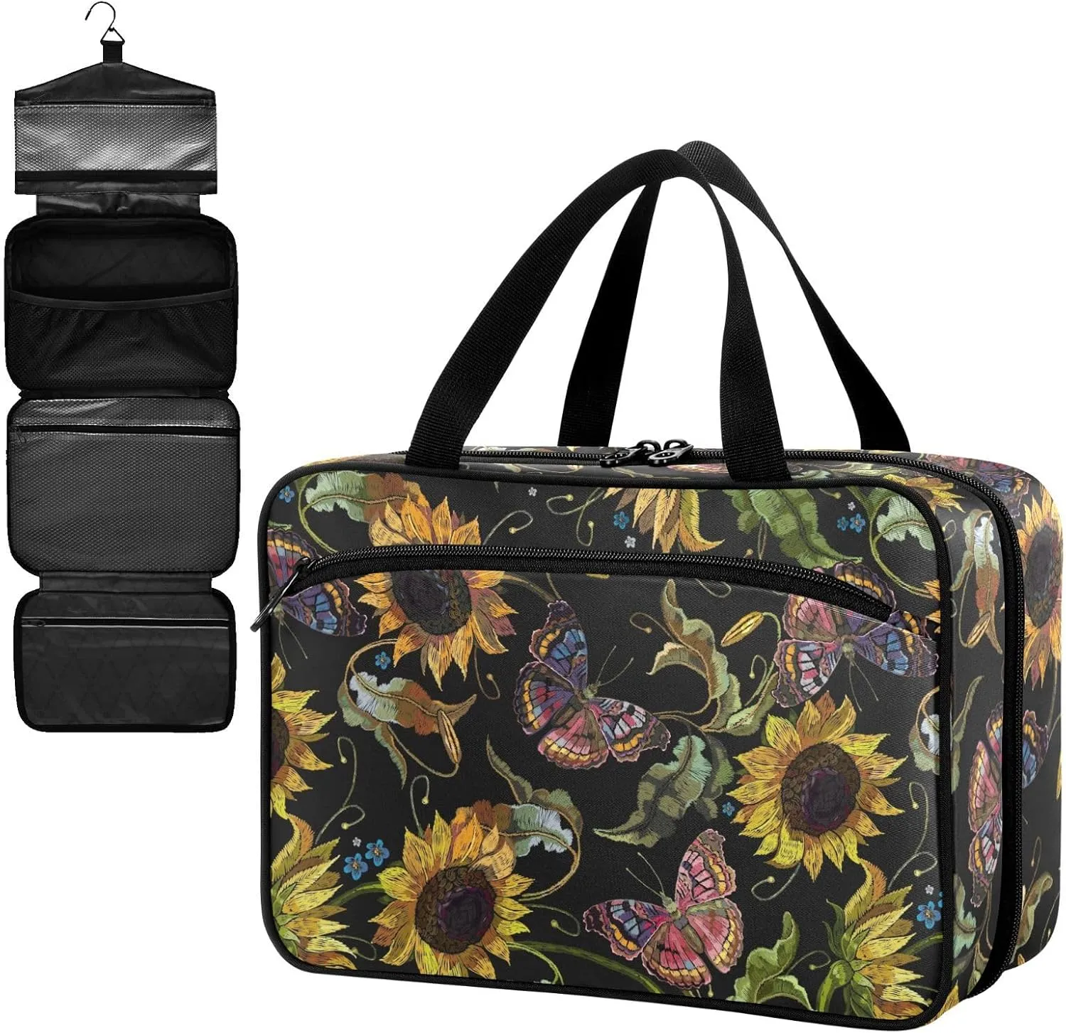 Fustylead Embroidery Retro Sunflowers and Flying Butterflies Large Medical Storage Bag with Zipper Empty First Aid Bag Trauma Kit for Traveling Hiking Camping Backpacking