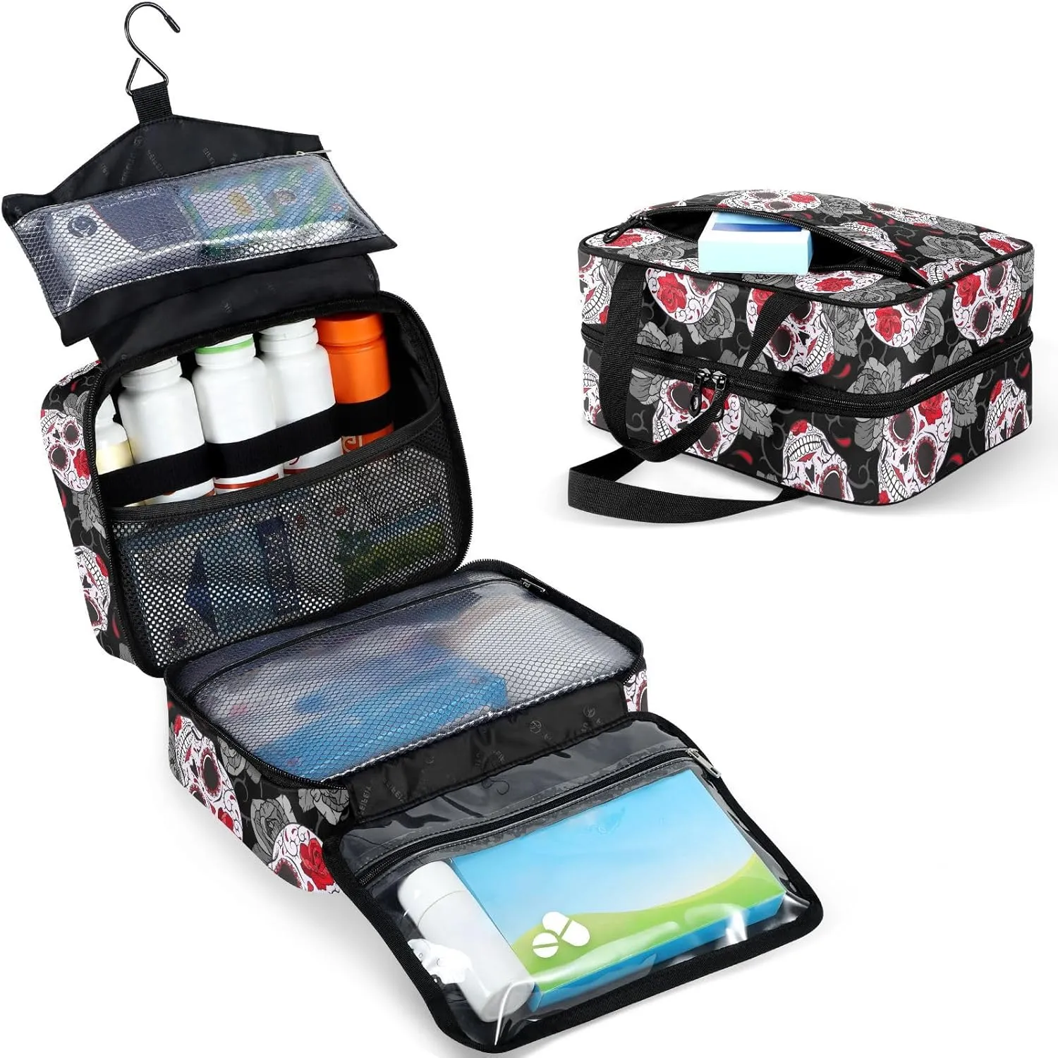 Fustylead Gothic Skulls Roses and Thorns Travel Pill Bottle Organizer Large Home Storage Medication Bag with Zipper for Vitamins, First Aid, Fish Oil, Medical Supplies