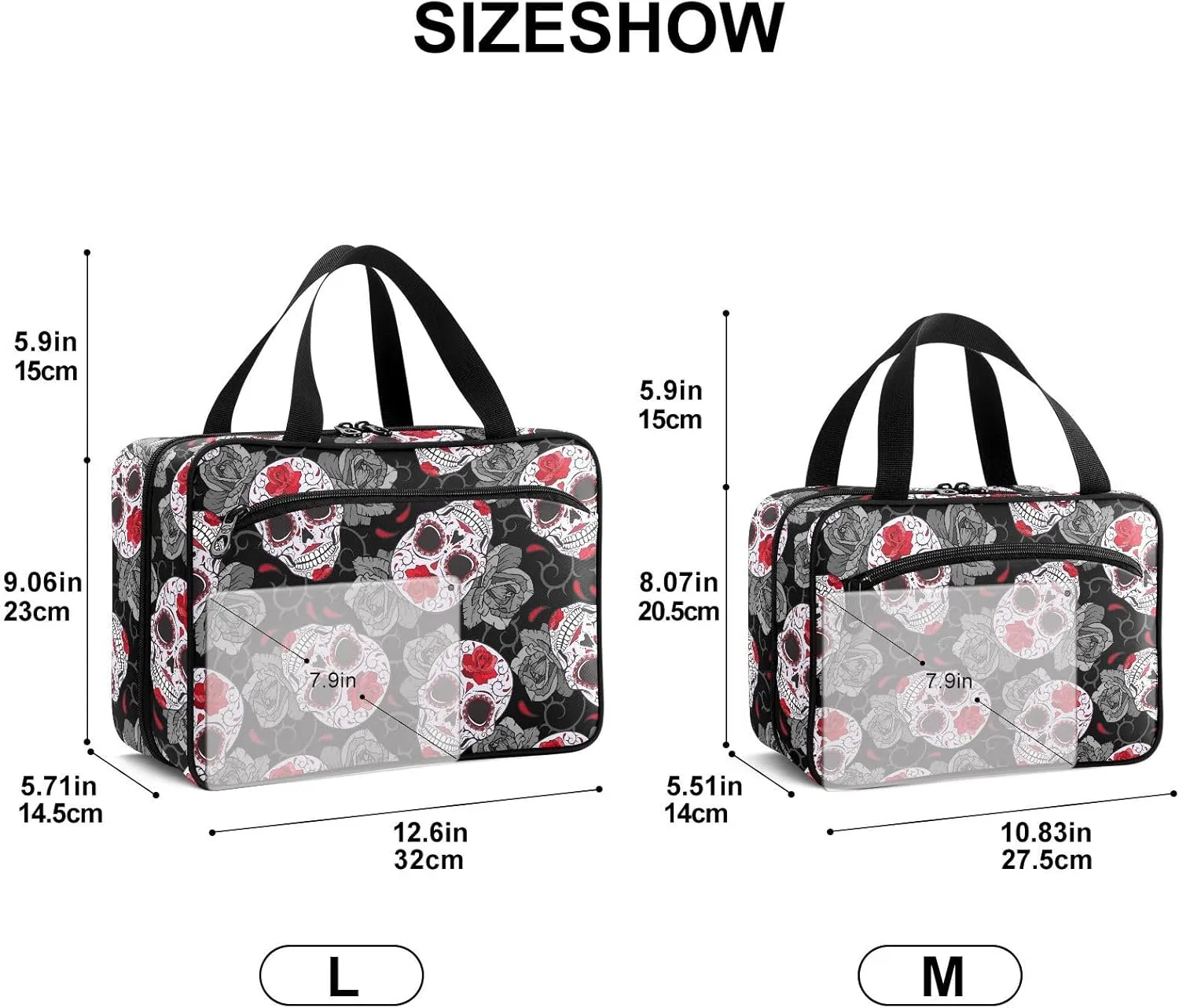 Fustylead Gothic Skulls Roses and Thorns Travel Pill Bottle Organizer Large Home Storage Medication Bag with Zipper for Vitamins, First Aid, Fish Oil, Medical Supplies