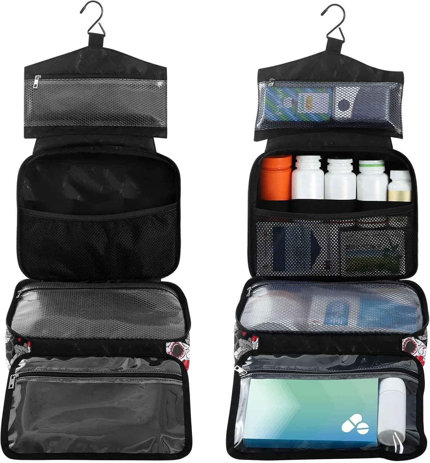 Fustylead Gothic Skulls Roses and Thorns Travel Pill Bottle Organizer Large Home Storage Medication Bag with Zipper for Vitamins, First Aid, Fish Oil, Medical Supplies
