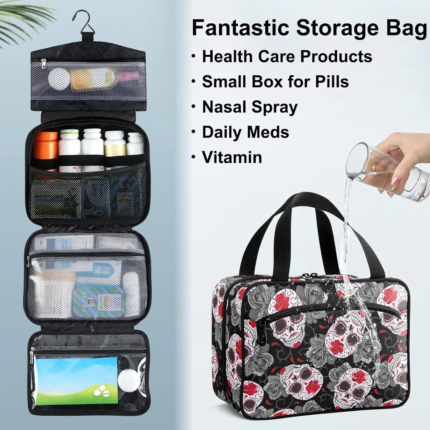 Fustylead Gothic Skulls Roses and Thorns Travel Pill Bottle Organizer Large Home Storage Medication Bag with Zipper for Vitamins, First Aid, Fish Oil, Medical Supplies