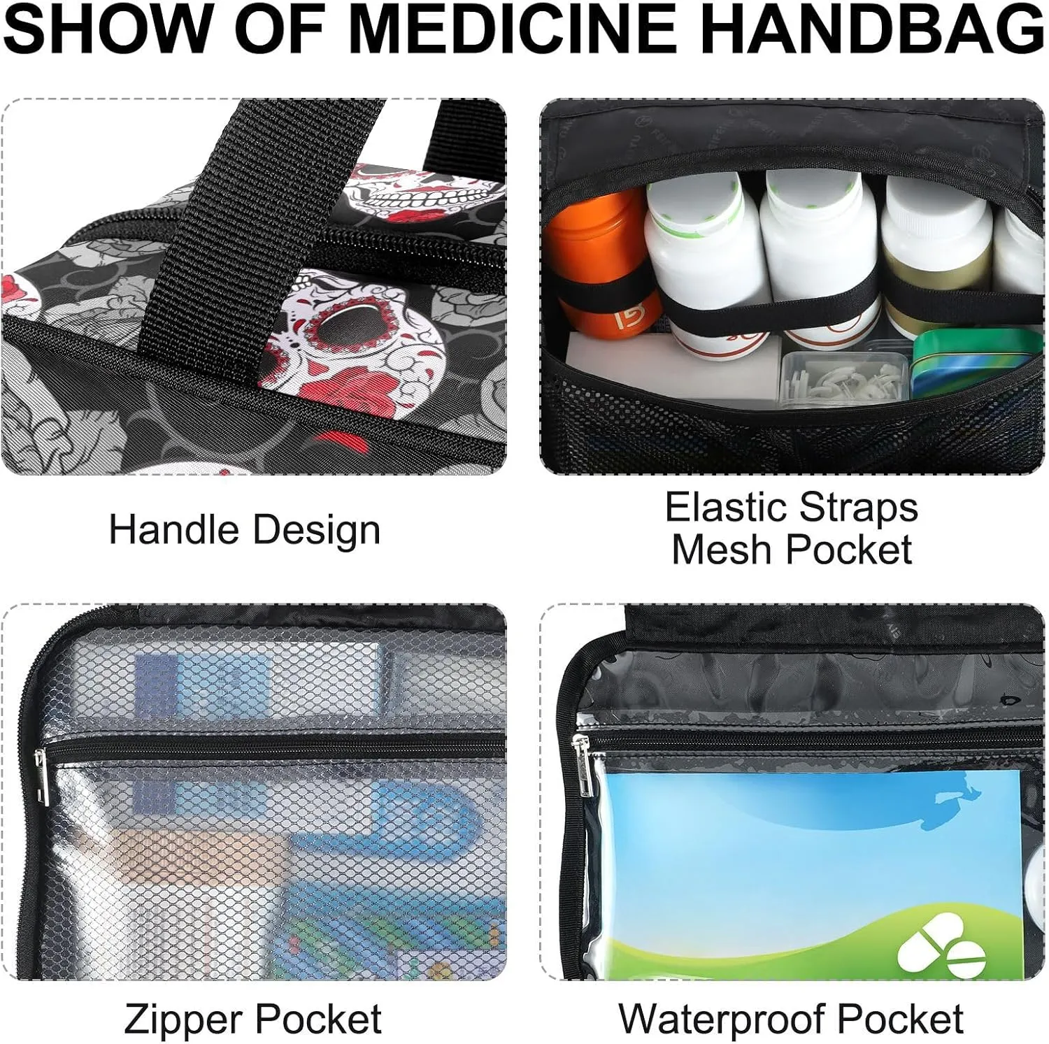 Fustylead Gothic Skulls Roses and Thorns Travel Pill Bottle Organizer Large Home Storage Medication Bag with Zipper for Vitamins, First Aid, Fish Oil, Medical Supplies