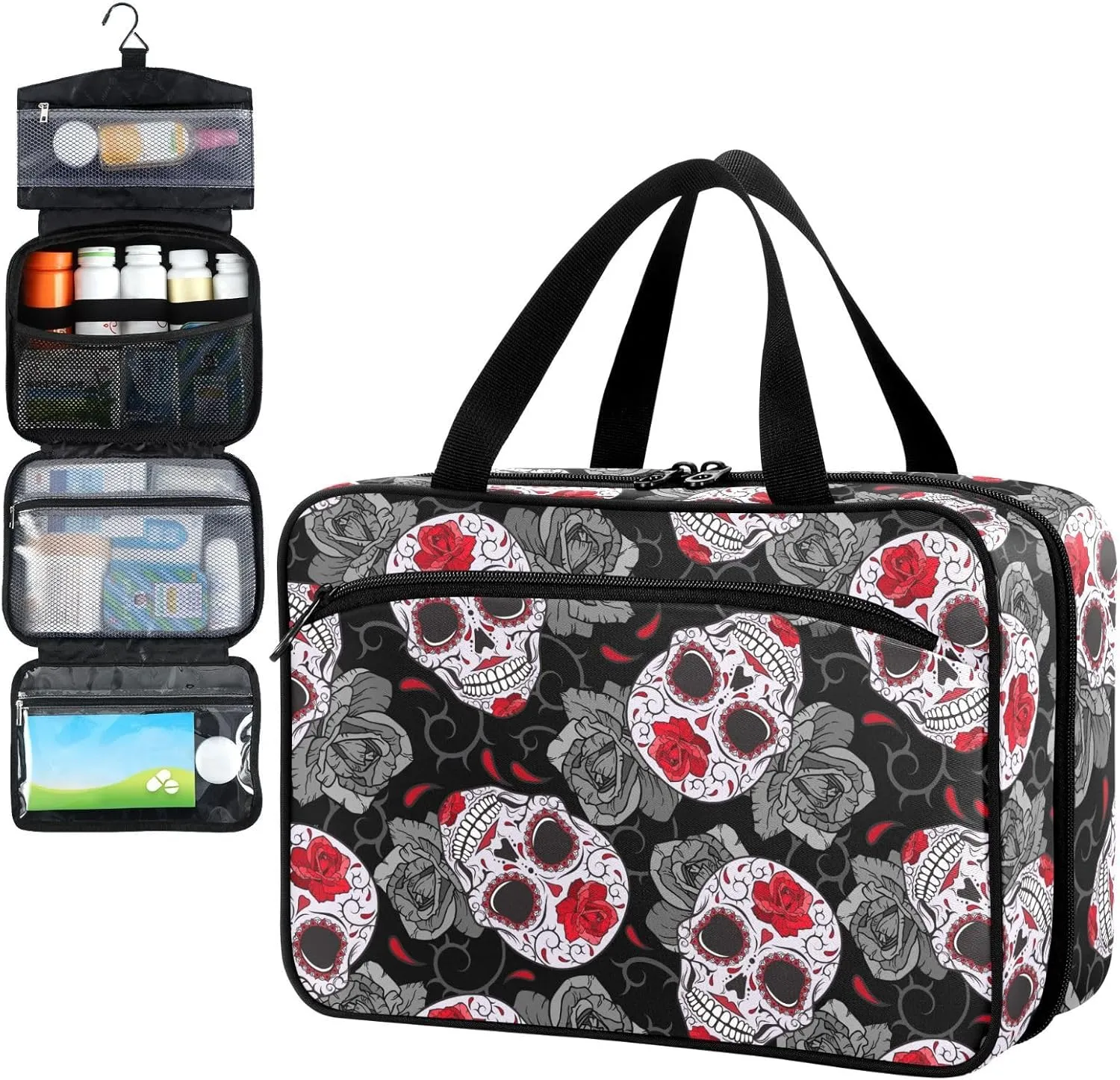 Fustylead Gothic Skulls Roses and Thorns Travel Pill Bottle Organizer Large Home Storage Medication Bag with Zipper for Vitamins, First Aid, Fish Oil, Medical Supplies