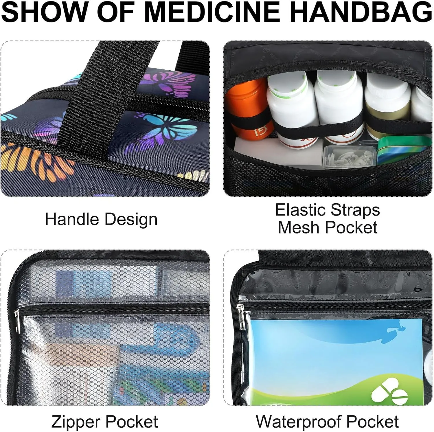 Fustylead Gradient Colors Black Monarch Butterfly Large Medical Storage Bag with Zipper Empty First Aid Bag Trauma Kit for Traveling Hiking Camping Backpacking