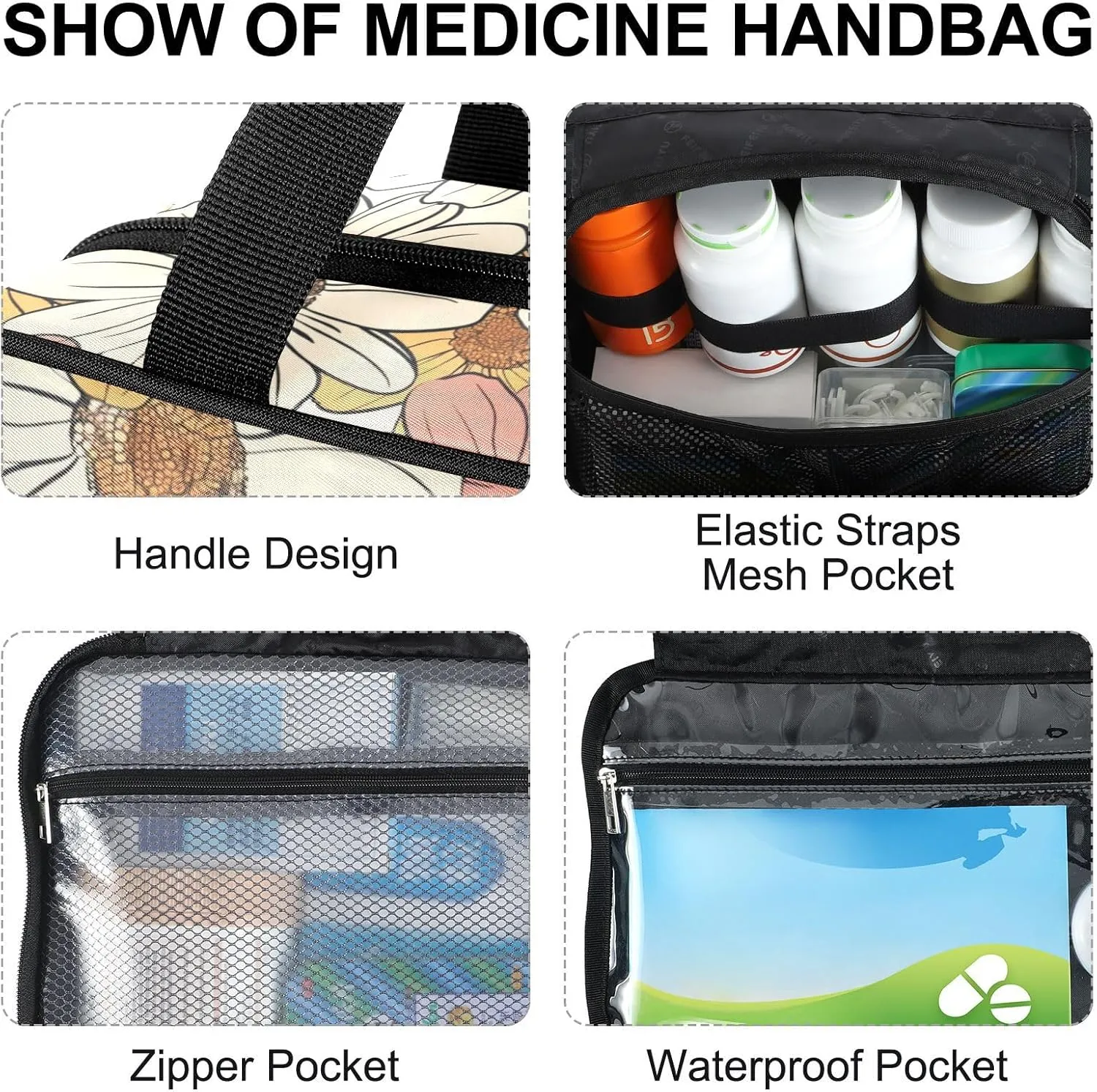 Fustylead Hand Drawn Retro Groovy Daisy Flowers Large Medical Supplies Organizer Bag with Zipper Empty First Aid Bag Trauma Kit for Traveling Hiking Camping