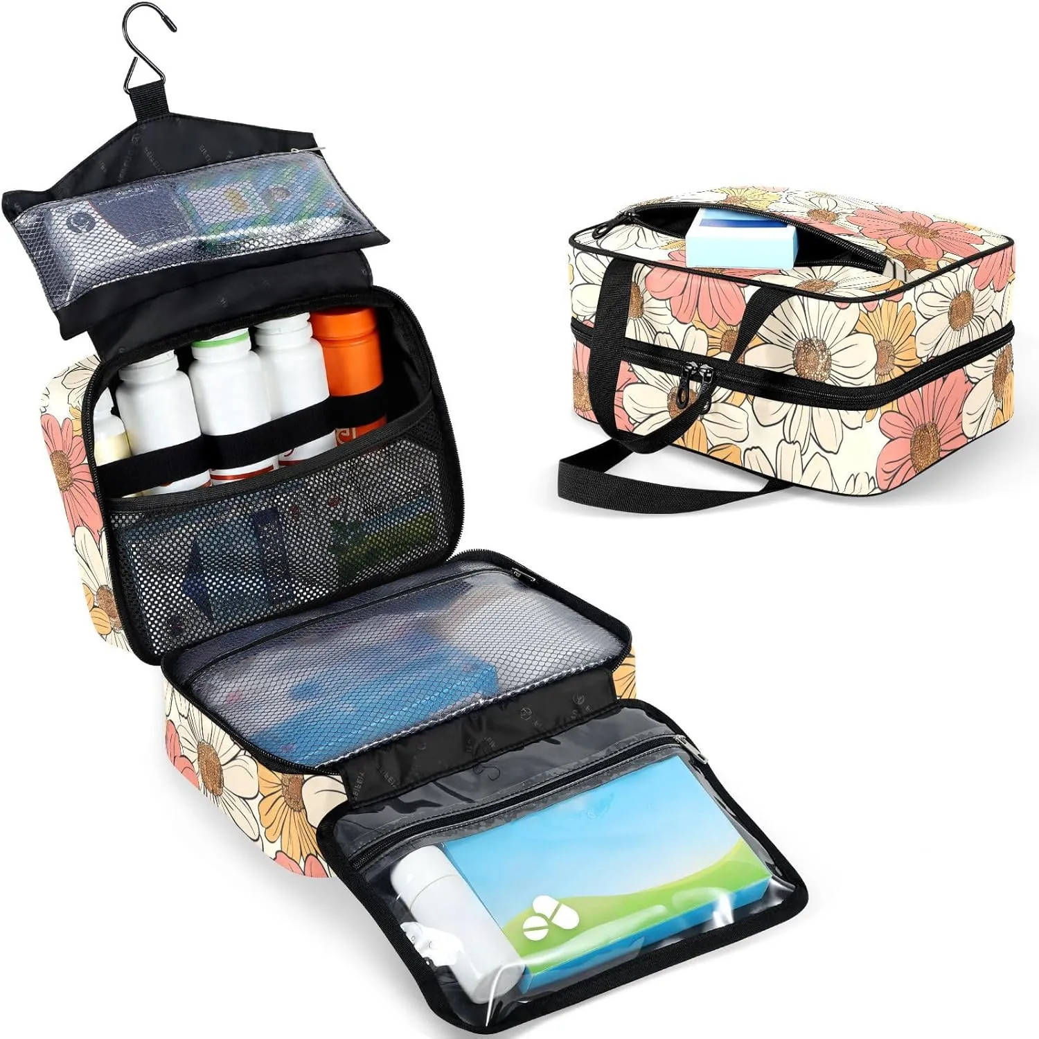 Fustylead Hand Drawn Retro Groovy Daisy Flowers Large Medical Supplies Organizer Bag with Zipper Empty First Aid Bag Trauma Kit for Traveling Hiking Camping