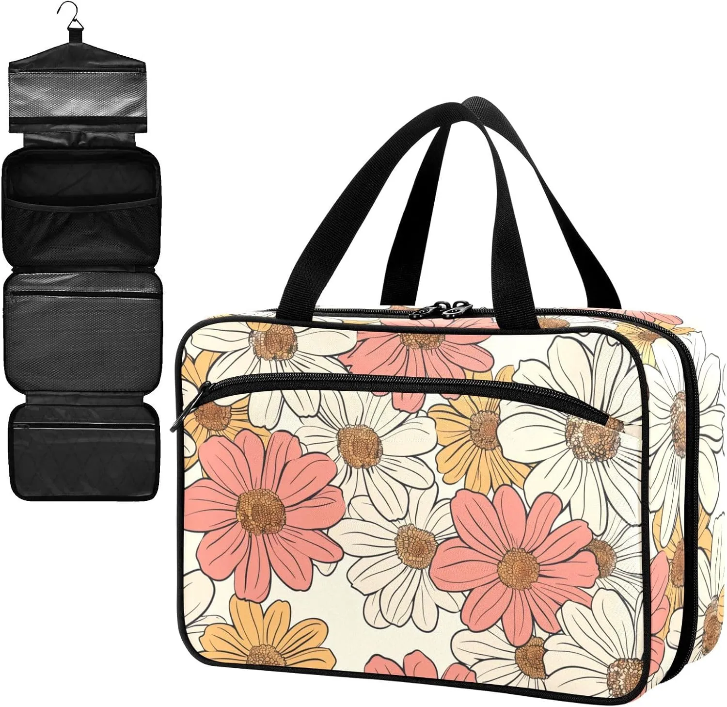 Fustylead Hand Drawn Retro Groovy Daisy Flowers Large Medical Supplies Organizer Bag with Zipper Empty First Aid Bag Trauma Kit for Traveling Hiking Camping