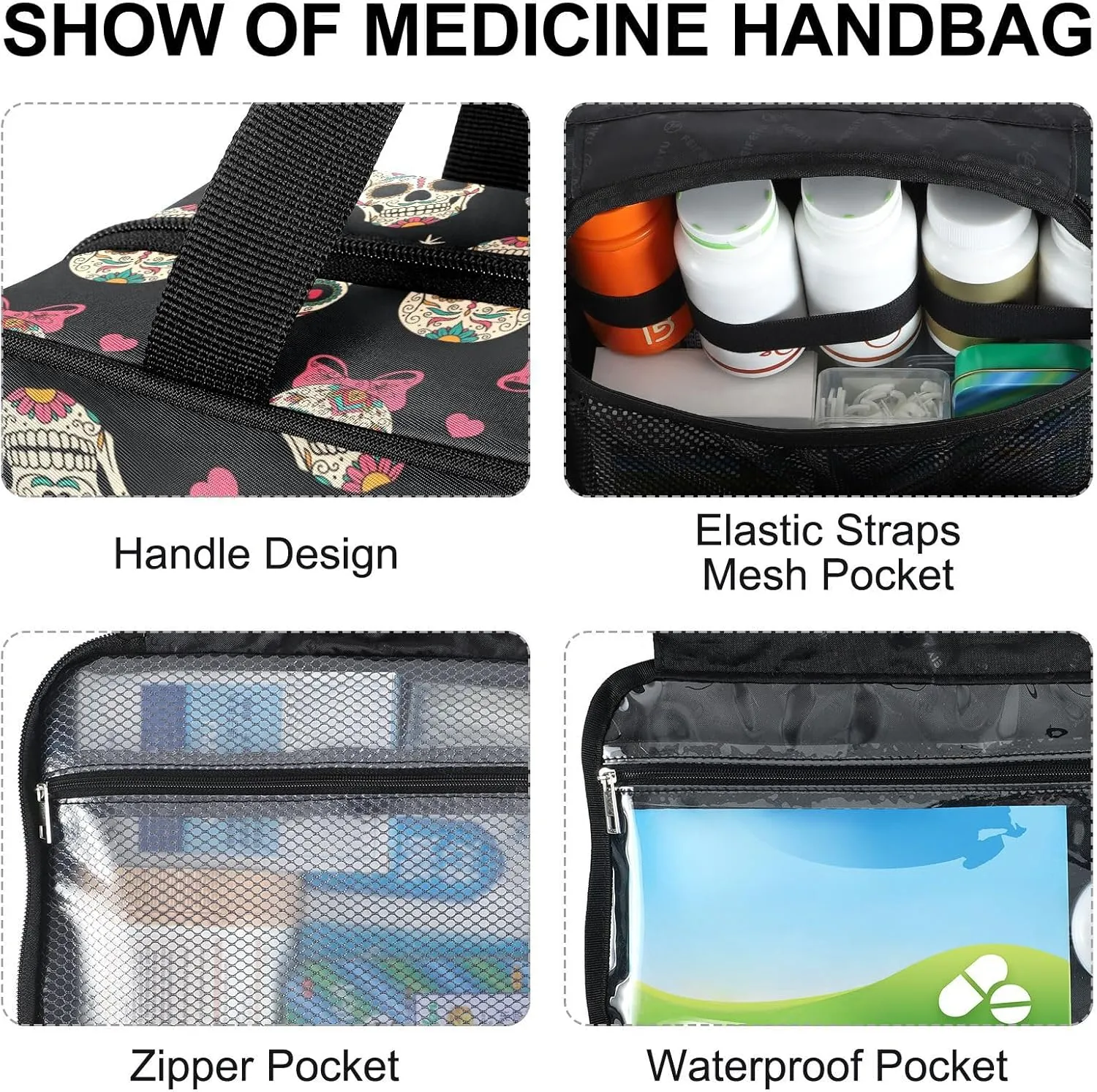 Fustylead Mexican Sugar Skull Wear Bow Tie and Hearts Stars Large Medical Storage Bag with Zipper Empty First Aid Bag Trauma Kit for Traveling Hiking Camping Backpacking