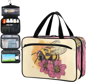 Fustylead Vintage Bee and Flowers Travel Medicine Storage Bag Large Household Pill Bottle Organizer with Zipper for First Aid, Pills, Vitamins, Medical Supplies