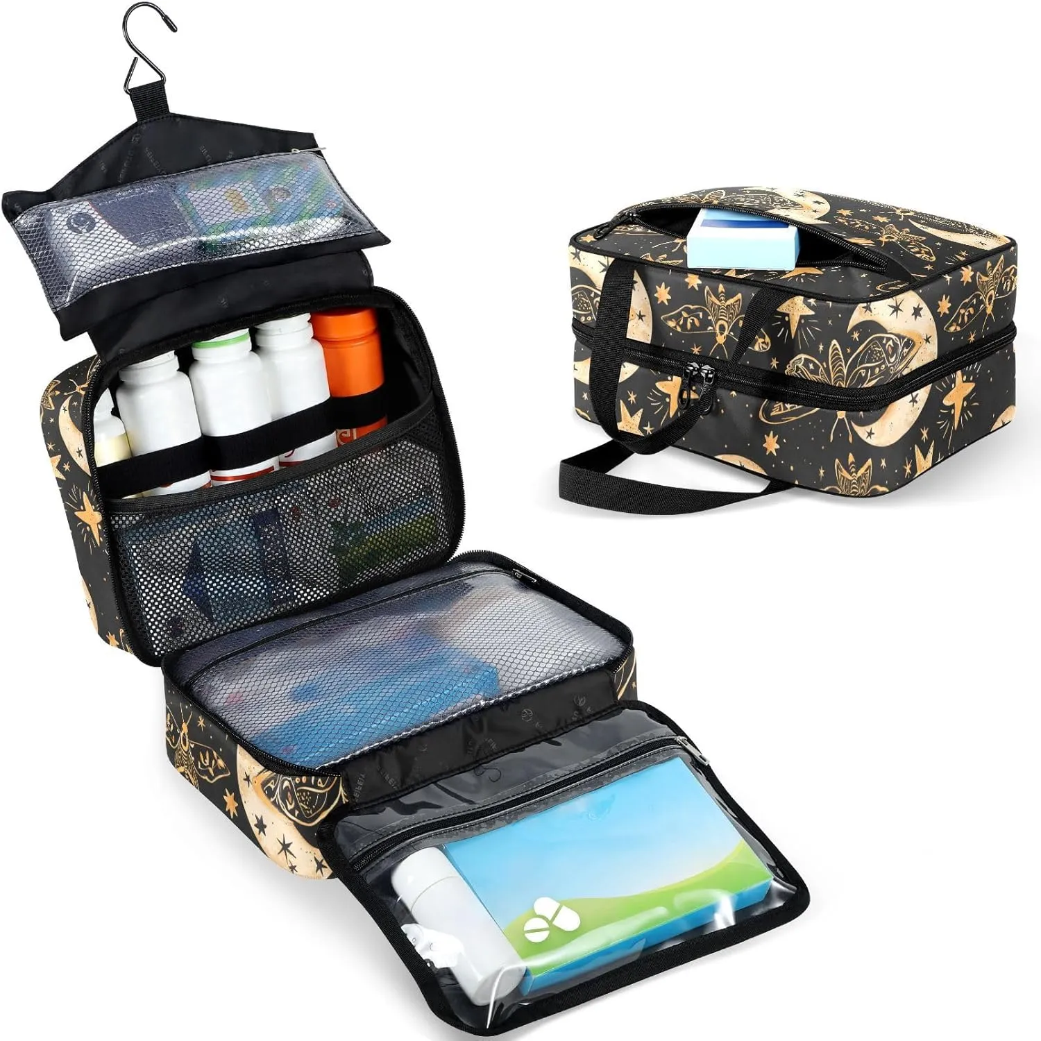 Fustylead Vintage Hand Draw Moth and Moon Stars Large Medical Supplies Organizer Bag with Zipper Empty First Aid Bag Trauma Kit for Traveling Hiking Camping