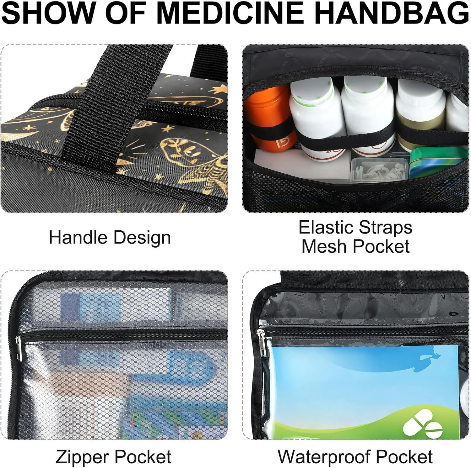 Fustylead Vintage Hand Draw Moth and Moon Stars Large Medical Supplies Organizer Bag with Zipper Empty First Aid Bag Trauma Kit for Traveling Hiking Camping