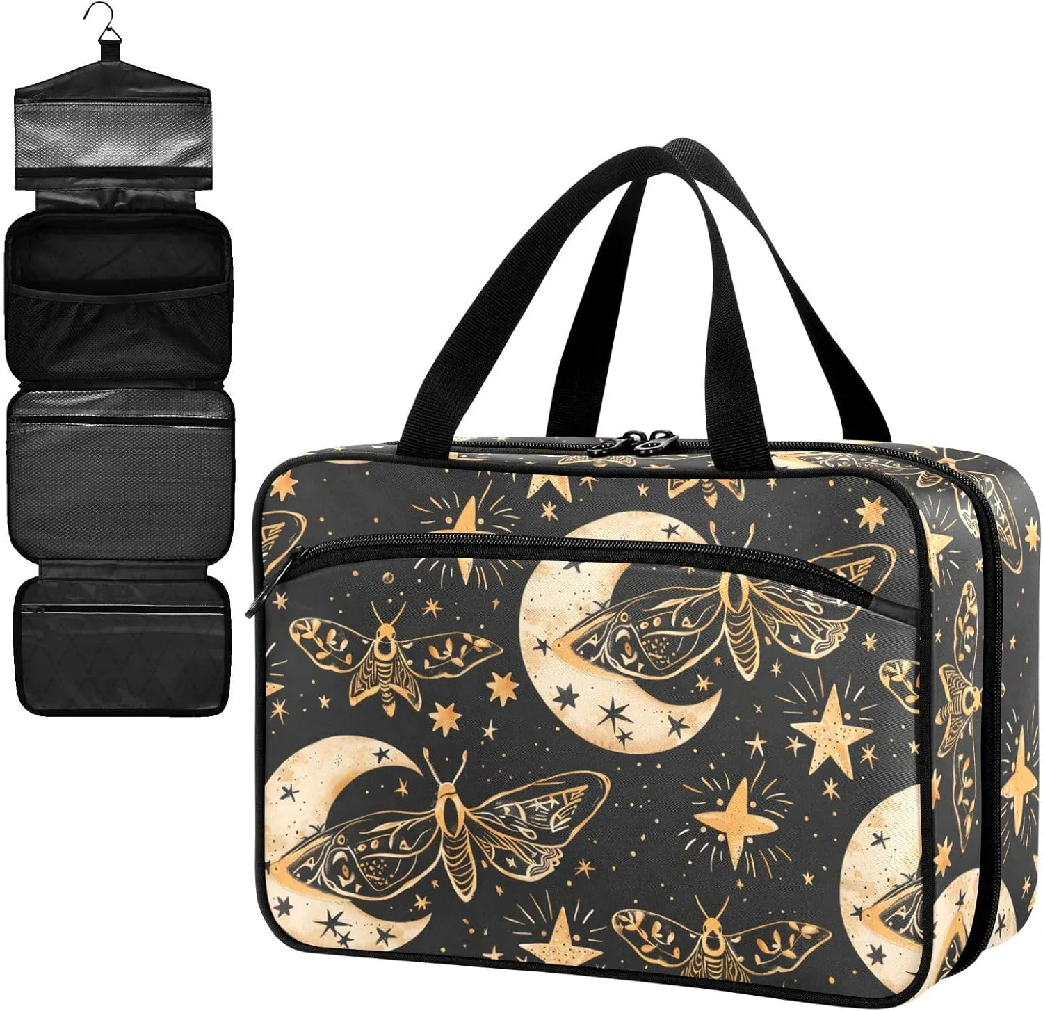 Fustylead Vintage Hand Draw Moth and Moon Stars Large Medical Supplies Organizer Bag with Zipper Empty First Aid Bag Trauma Kit for Traveling Hiking Camping
