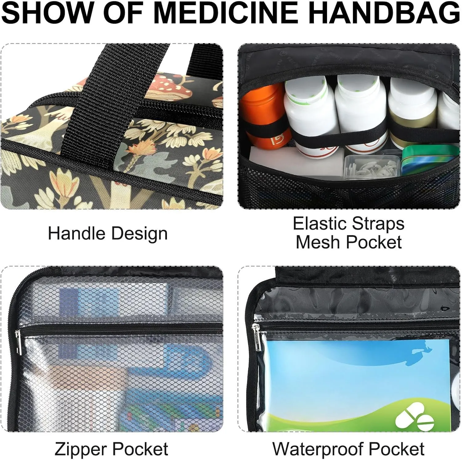 Fustylead William Morris Style Mushroom Travel Pill Bottle Organizer Large Home Storage Medication Bag with Zipper for Vitamins, First Aid, Fish Oil, Medical Supplies