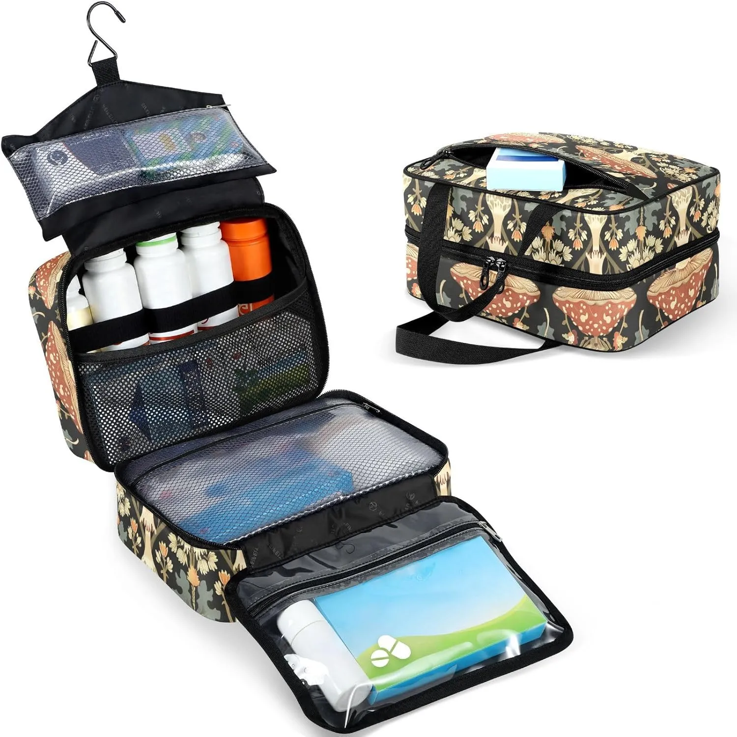 Fustylead William Morris Style Mushroom Travel Pill Bottle Organizer Large Home Storage Medication Bag with Zipper for Vitamins, First Aid, Fish Oil, Medical Supplies