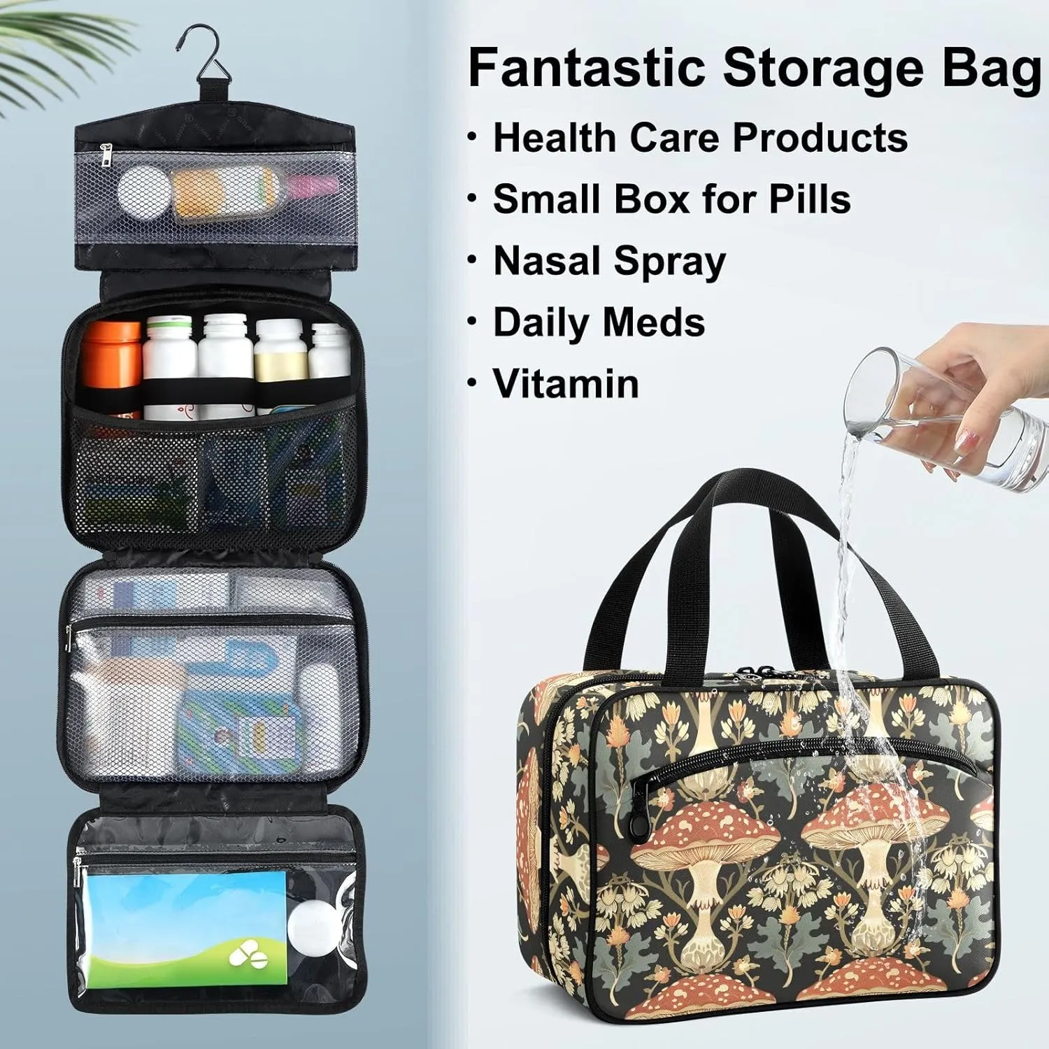 Fustylead William Morris Style Mushroom Travel Pill Bottle Organizer Large Home Storage Medication Bag with Zipper for Vitamins, First Aid, Fish Oil, Medical Supplies