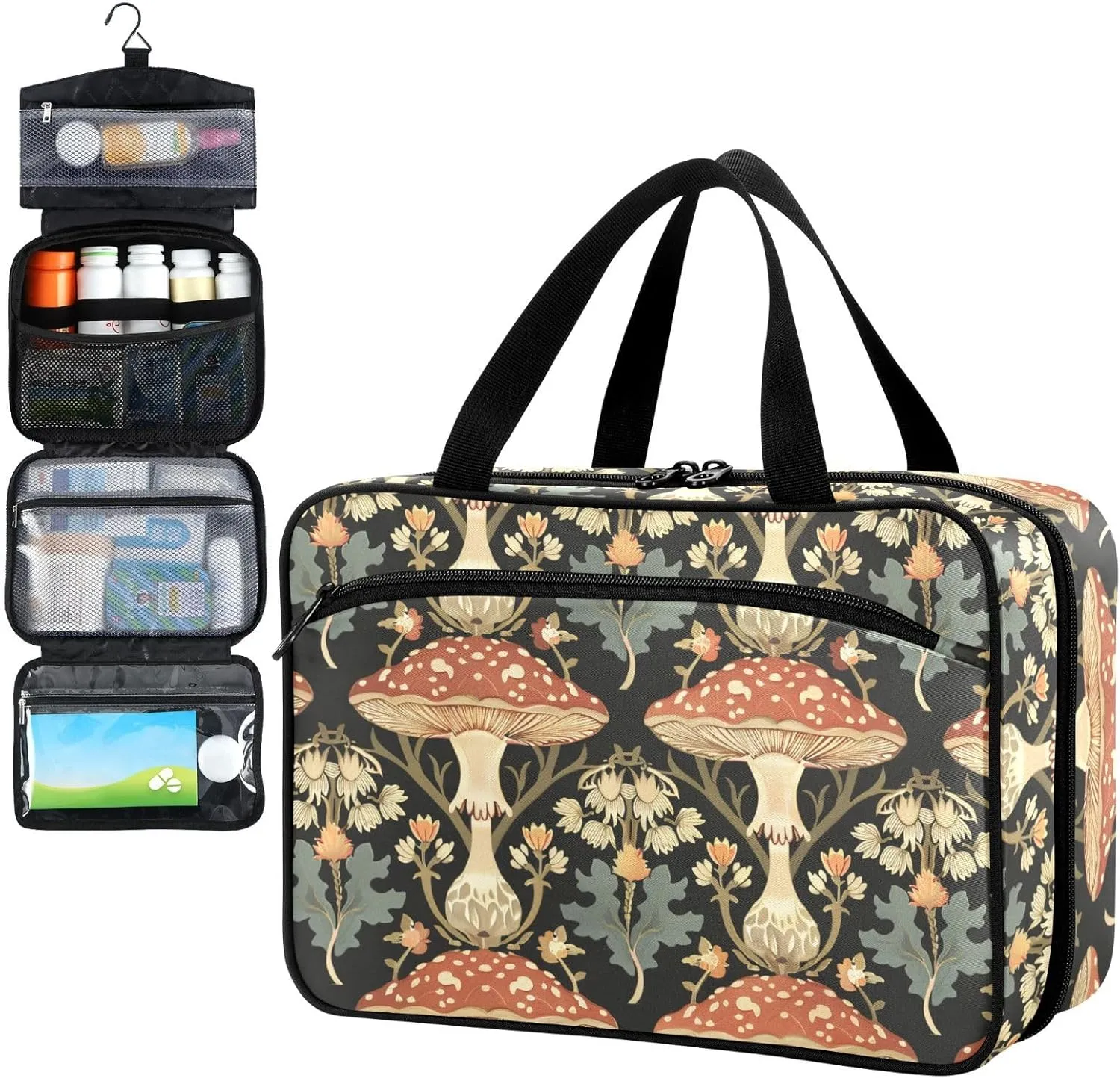Fustylead William Morris Style Mushroom Travel Pill Bottle Organizer Large Home Storage Medication Bag with Zipper for Vitamins, First Aid, Fish Oil, Medical Supplies