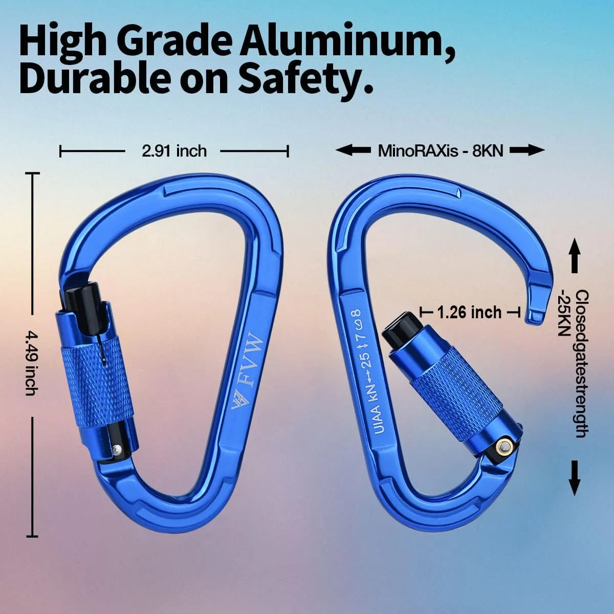 FVW Auto Locking Rock Climbing Carabiner Clips, UIAA Certified Professional 25KN (5620 lbs) Heavy Duty Caribeaners for Rappelling Swing Rescue & Gym etc,Large Carabiners,D-Shaped