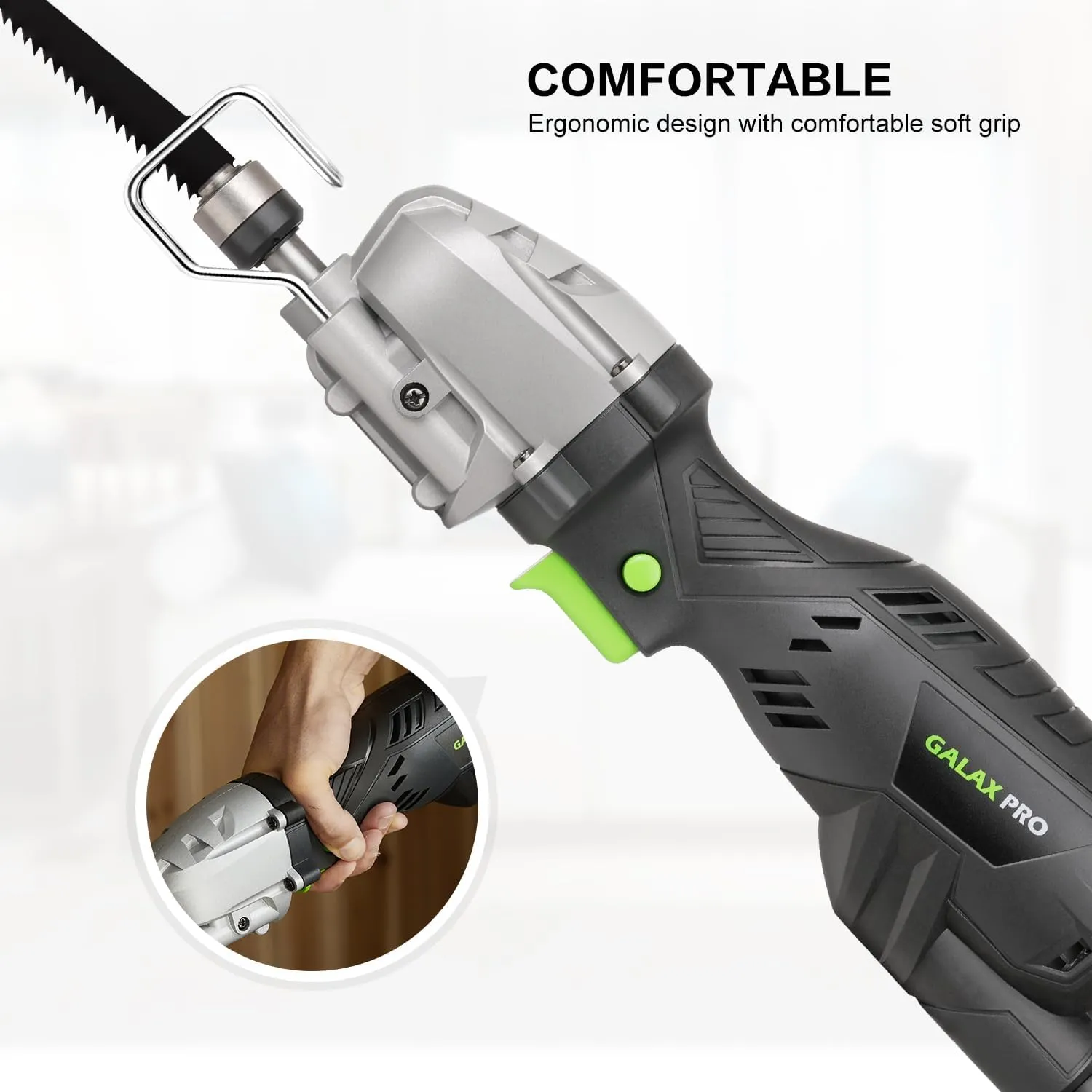 GALAX PRO reciprocating saw, 5.0 Amp Variable Speed Corded Reciprocating Saw, 3000spm, stroke length ½ Maximum cutting capacity 4 ½”， Used for wood cutting and metal cutting