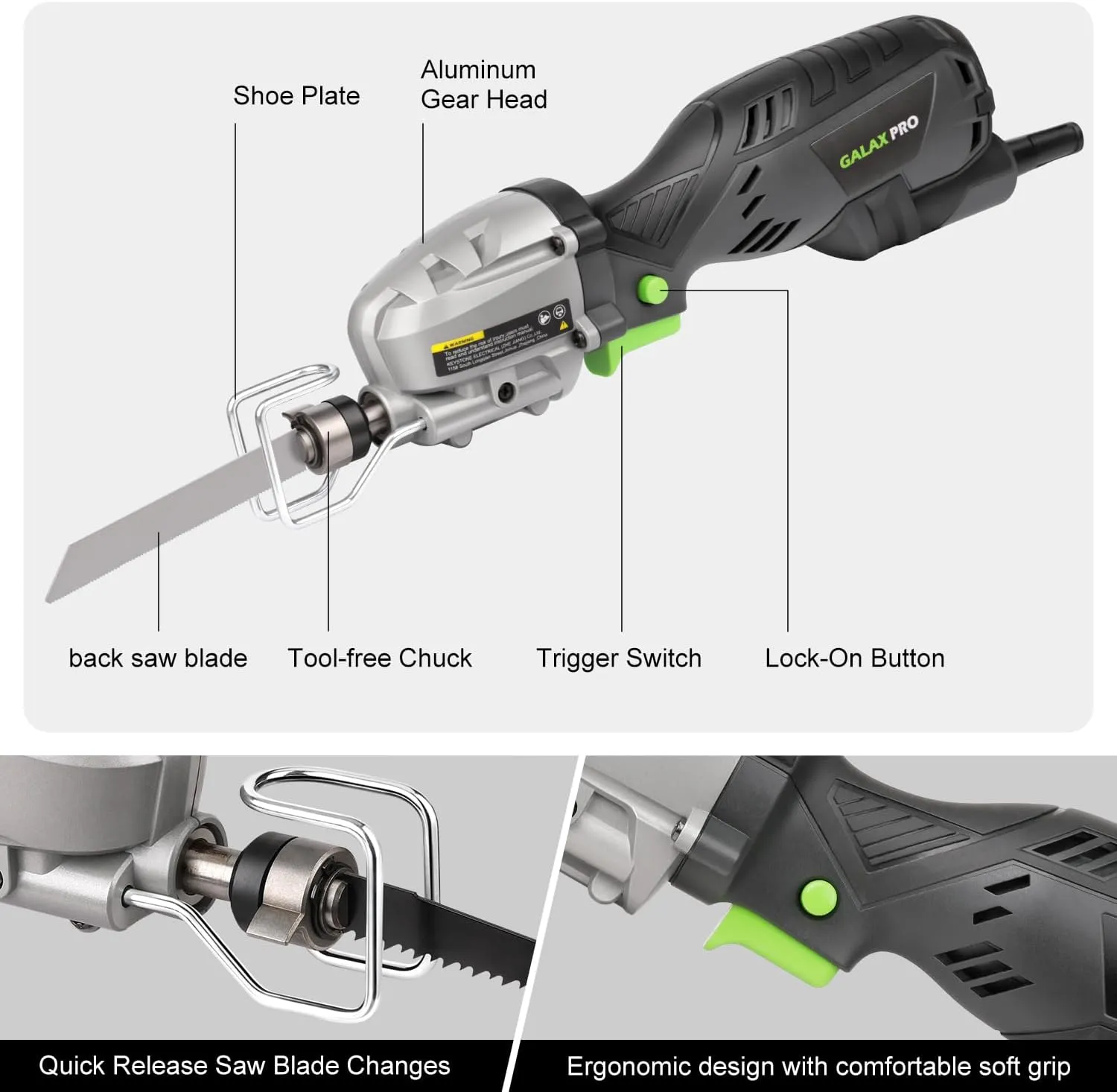 GALAX PRO reciprocating saw, 5.0 Amp Variable Speed Corded Reciprocating Saw, 3000spm, stroke length ½ Maximum cutting capacity 4 ½”， Used for wood cutting and metal cutting
