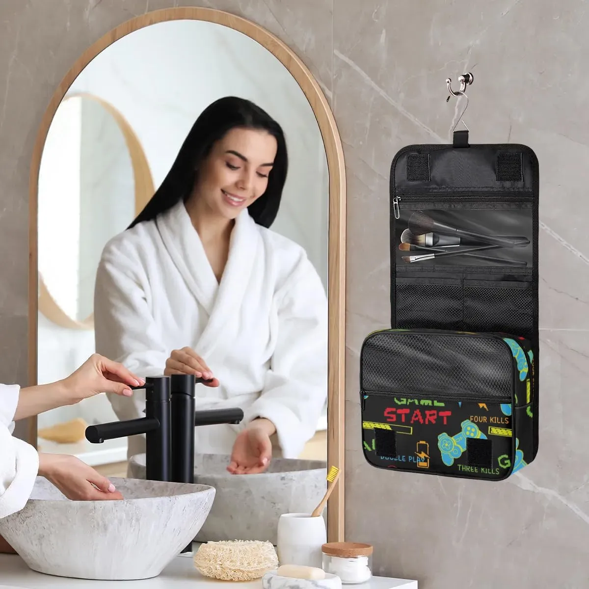 Game Start Hanging Travel Toiletry Bag for Kids, Women Cosmetic Organizer Makeup Bag Pouch Men Shaving Dopp Kit Shower Bag With Sturdy Hook