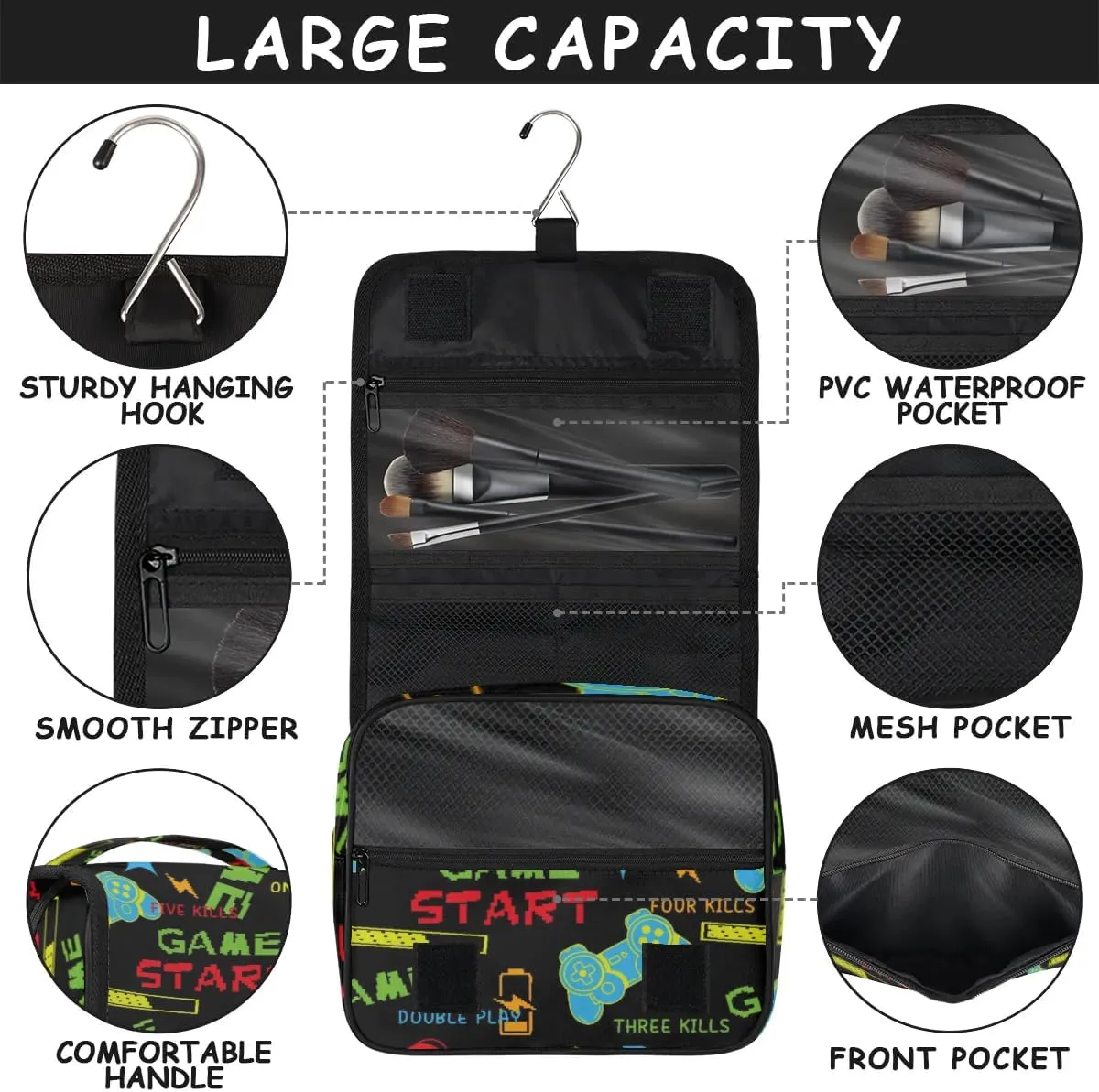 Game Start Hanging Travel Toiletry Bag for Kids, Women Cosmetic Organizer Makeup Bag Pouch Men Shaving Dopp Kit Shower Bag With Sturdy Hook