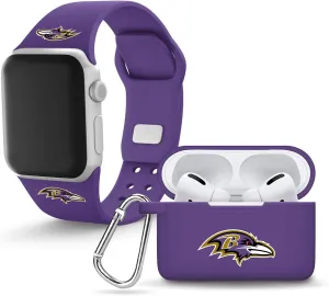 Game Time Baltimore Ravens Silicone Watch Band and Case Cover Combo Package Compatible with Apple Watch and AirPods Pro