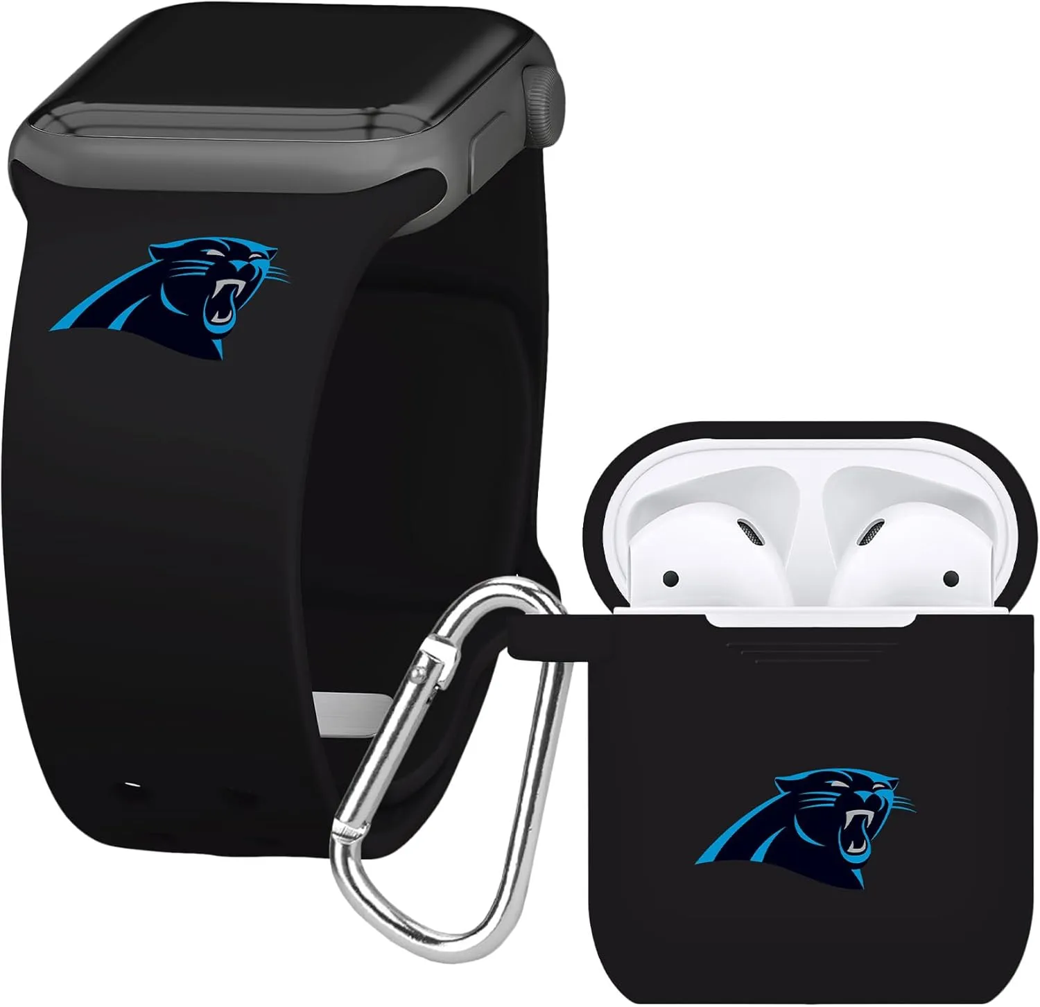 Game Time Carolina Panthers Silicone Watch Band and Case Cover Combo Package Compatible with Apple Watch and AirPods Battery Case (42/44/45mm Black/Black)