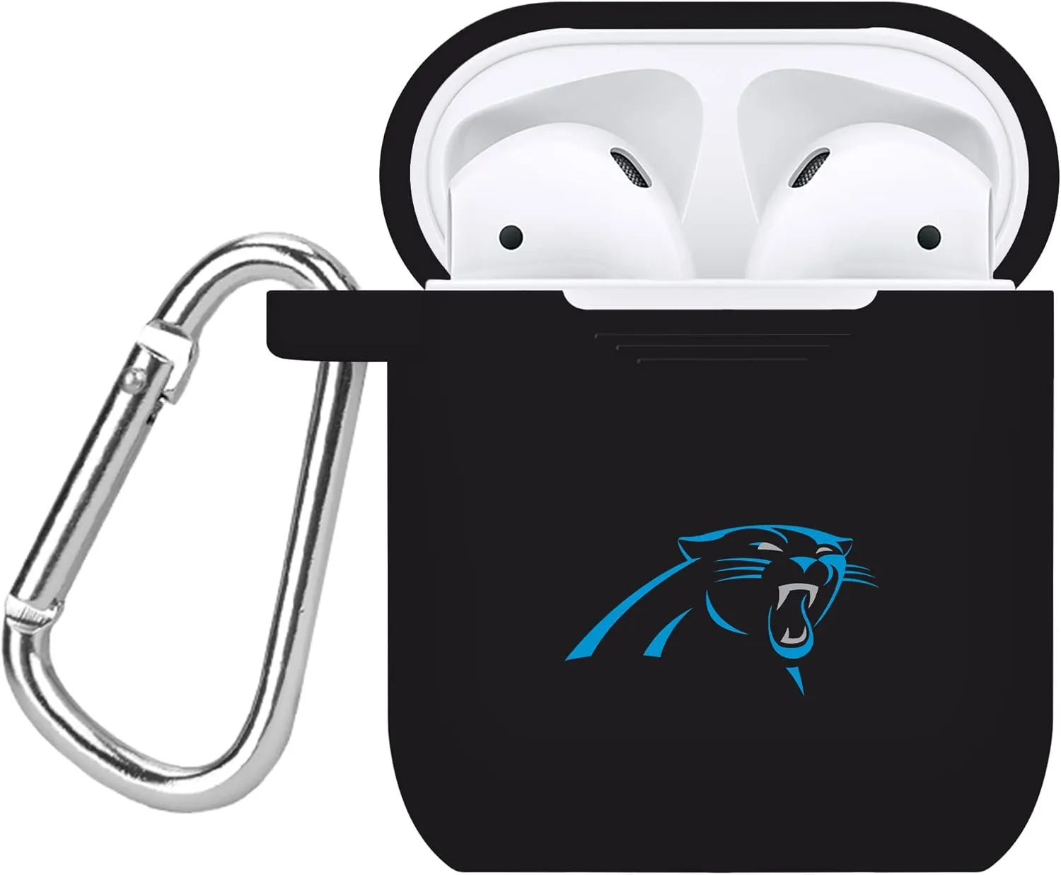 Game Time Carolina Panthers Silicone Watch Band and Case Cover Combo Package Compatible with Apple Watch and AirPods Battery Case (42/44/45mm Black/Black)