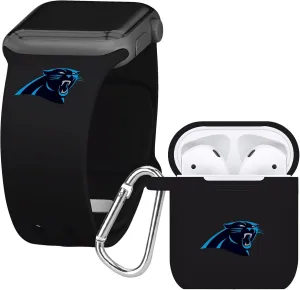 Game Time Carolina Panthers Silicone Watch Band and Case Cover Combo Package Compatible with Apple Watch and AirPods Battery Case (42/44/45mm Black/Black)