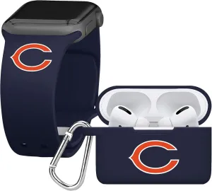 Game Time Chicago Bears Silicone Watch Band and Case Cover Combo Package Compatible with Apple Watch and AirPods Pro Battery Case (38/40/41mm Navy/Navy)
