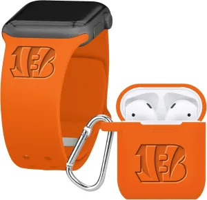Game Time Cincinnati Bengals Engraved Silicone Combo Package Compatible with Apple Watch and AirPods Battery Case (42/44mm Orange/Orange)