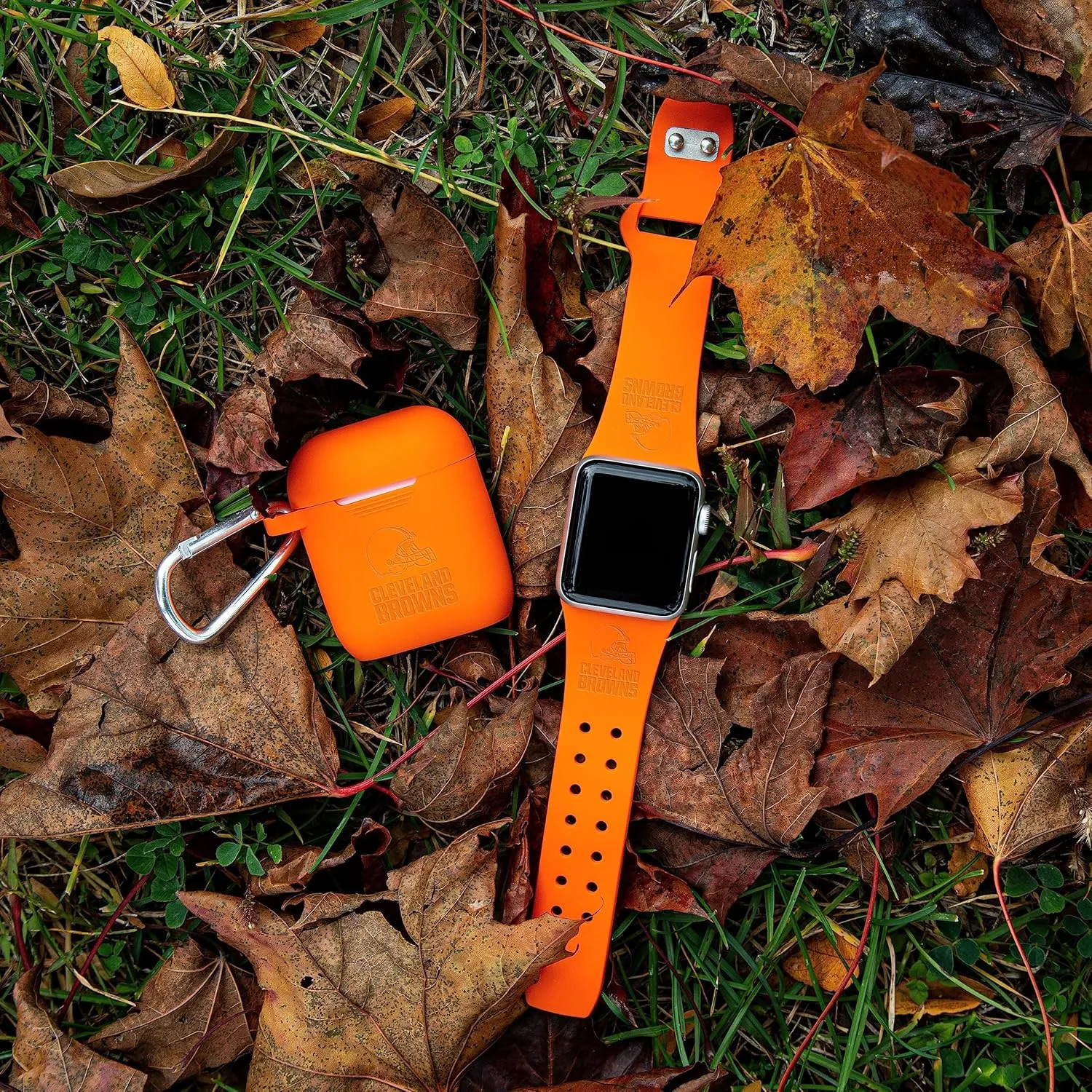 Game Time Cleveland Browns Engraved Silicone Combo Package Compatible with Apple Watch and AirPods Battery Case (42/44mm Orange/Orange)
