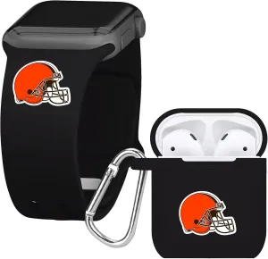 Game Time Cleveland Browns Silicone Watch Band and Case Cover Combo Package Compatible with Apple Watch and AirPods Battery Case (38/40/41mm Black/Black)