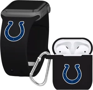 Game Time Indianapolis Colts Silicone Watch Band and Case Cover Combo Package Compatible with Apple Watch and AirPods Battery Case (42/44/45mm Black/Black)