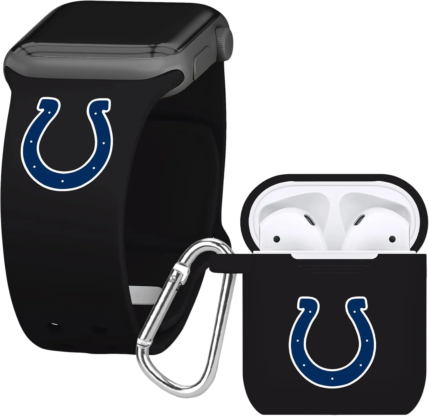 Game Time Indianapolis Colts Silicone Watch Band and Case Cover Combo Package Compatible with Apple Watch and AirPods Battery Case (42/44/45mm Black/Black)