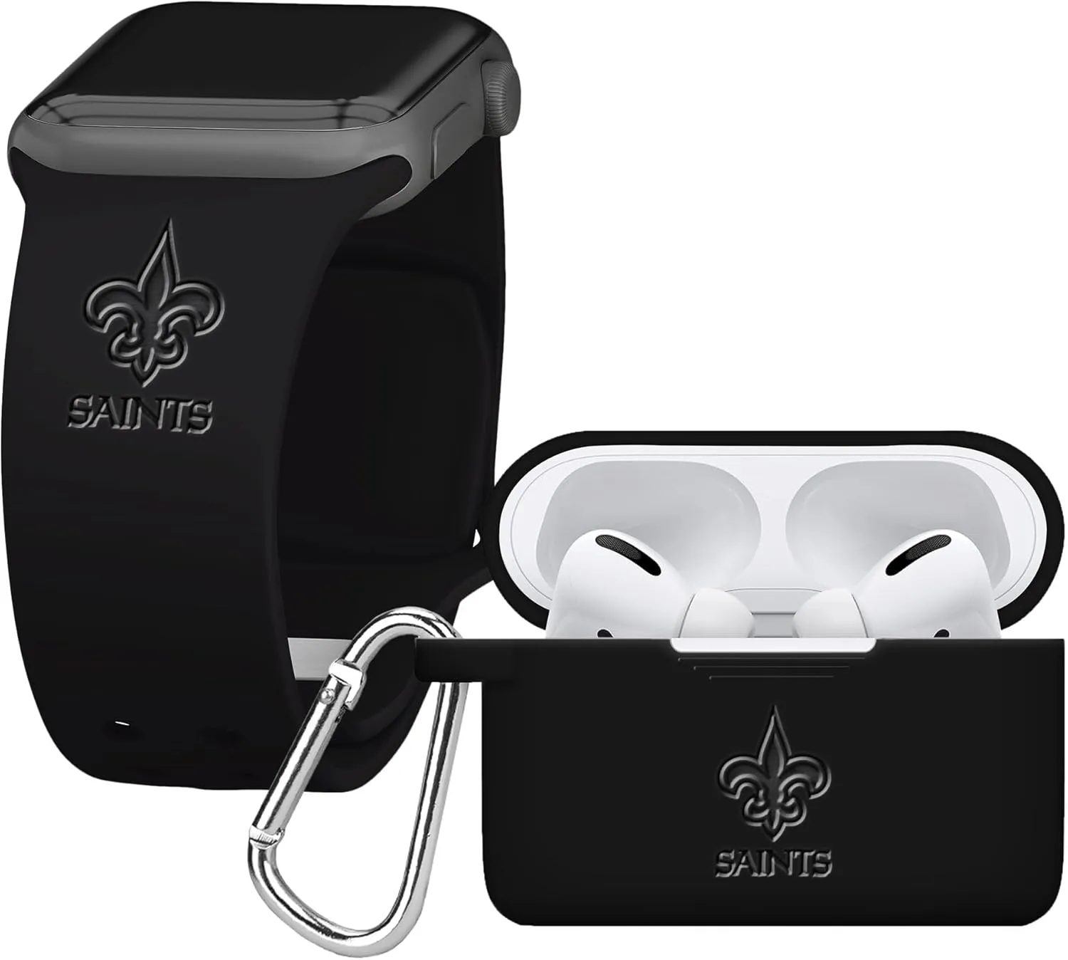 GAME TIME New Orleans Saints Engraved Silicone Combo Package Compatible with Apple Watch and Airpods Pro Battery Case (42/44mm Black/Black)