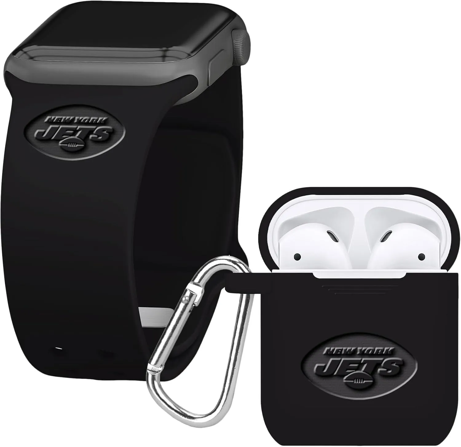 Game Time New York Jets Engraved Silicone Combo Package Compatible with Apple Watch and AirPods Battery Case (42/44mm Black/Black)